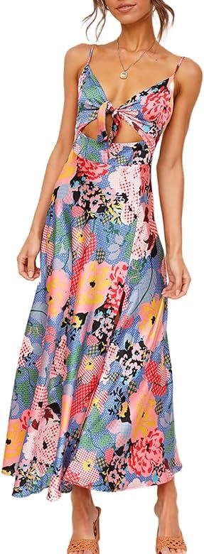 Dokotoo Womens 2022 Summer Floral Print Spaghetti Strap Sundress V Neck Tie Front Maxi Dress | Amazon (US)