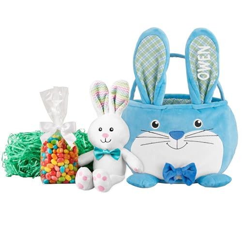 Let's Make Memories Personalized Easter Basket for Kids - Custom Holiday Decoration For Boys and Girls - Fillable with Optional Basket Stuffers - Plush Furry Critter - Blue Bunny | Amazon (US)