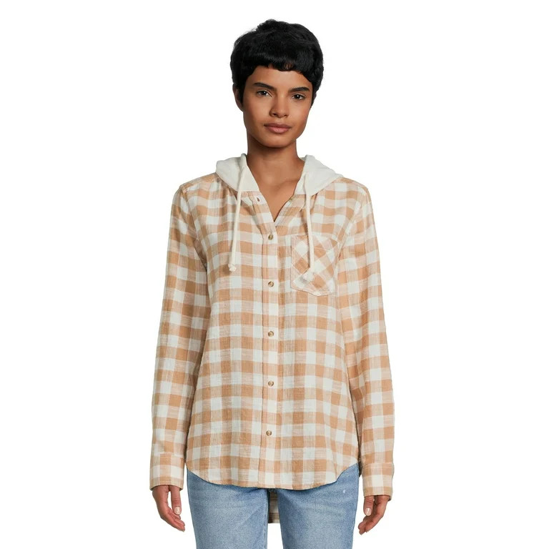 Time and Tru Women's Button Down Hooded Flannel Shirt, Sizes XS-3XL - Walmart.com | Walmart (US)