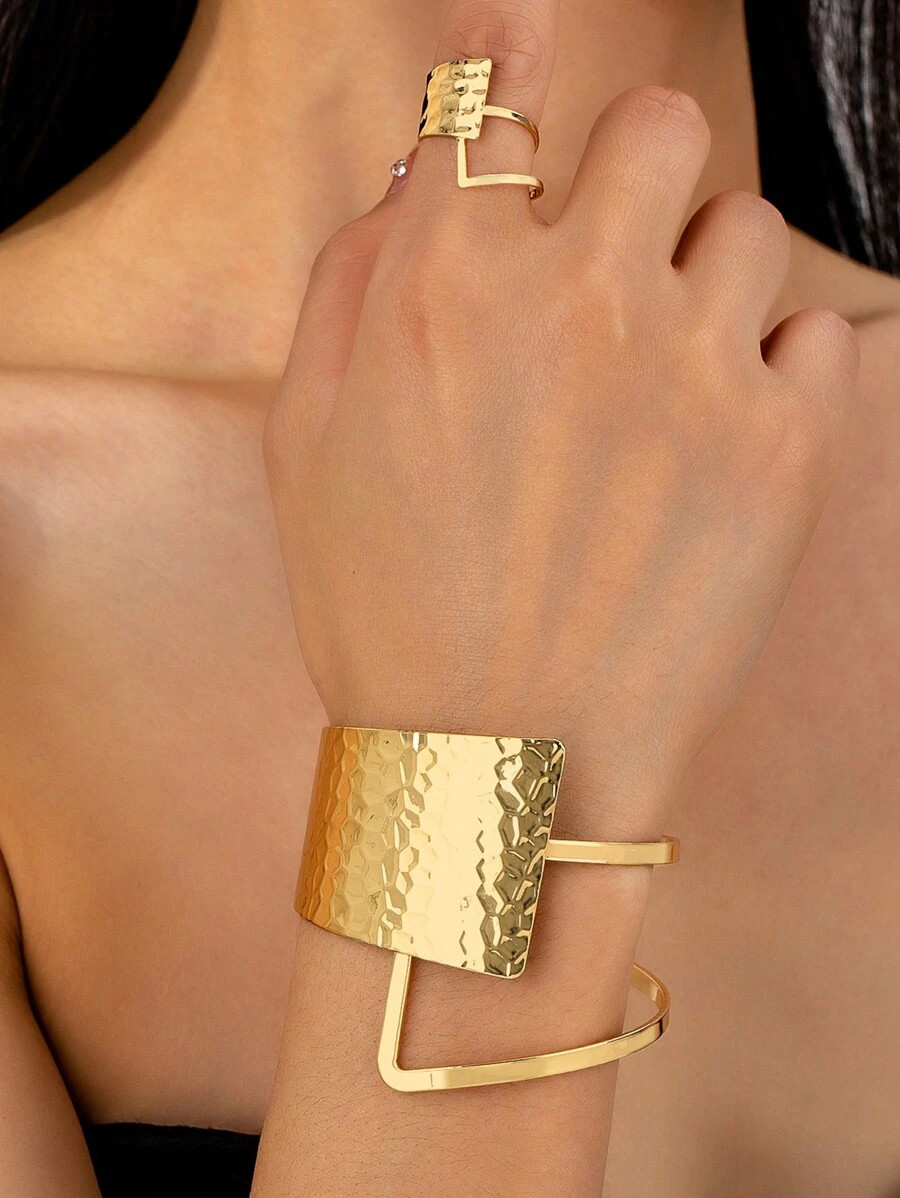 1 Set Golden Color Geometric Chunky Cuff Bangle Ring Set , American European Popular Matching Ban... | SHEIN