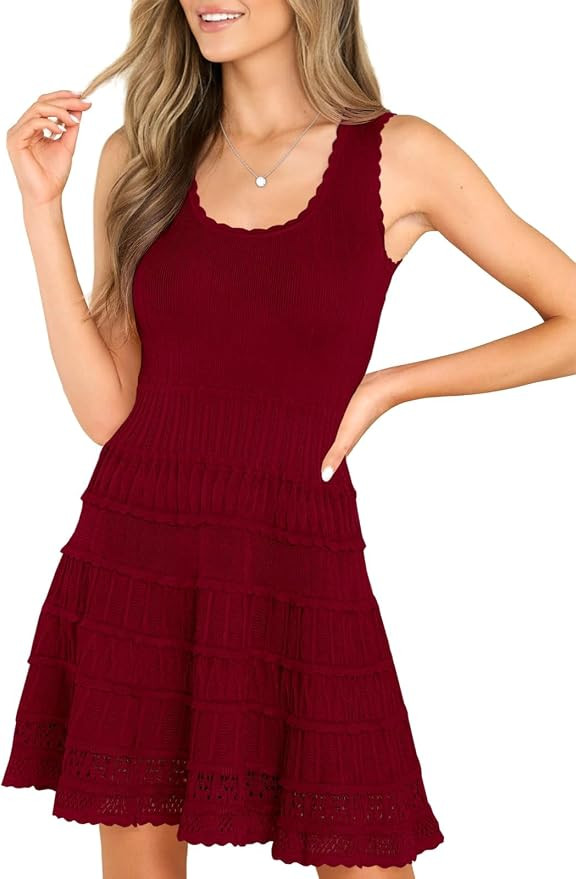 Fisoew Womens Summer Mini Dresses Crewneck Knitted Crochet Tank Sundress | Casual, Crochet Hem, S... | Amazon (US)