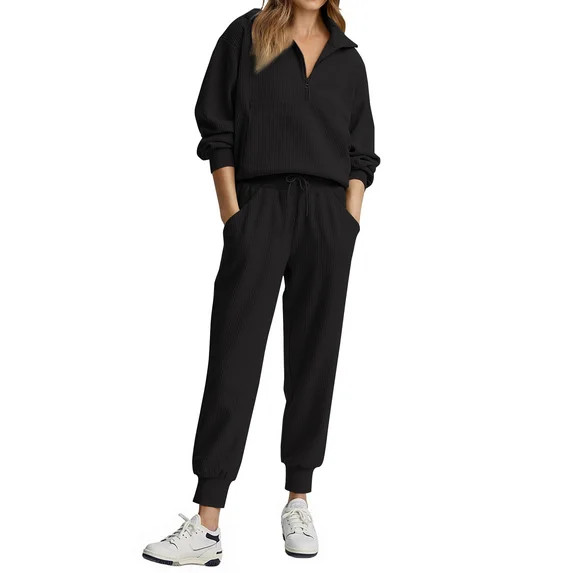 Fantaslook Womens 2 Piece Outfits Long Sleeve Half Zip Sweatsuits with Pockets Pullover Lounge Se... | Walmart (US)