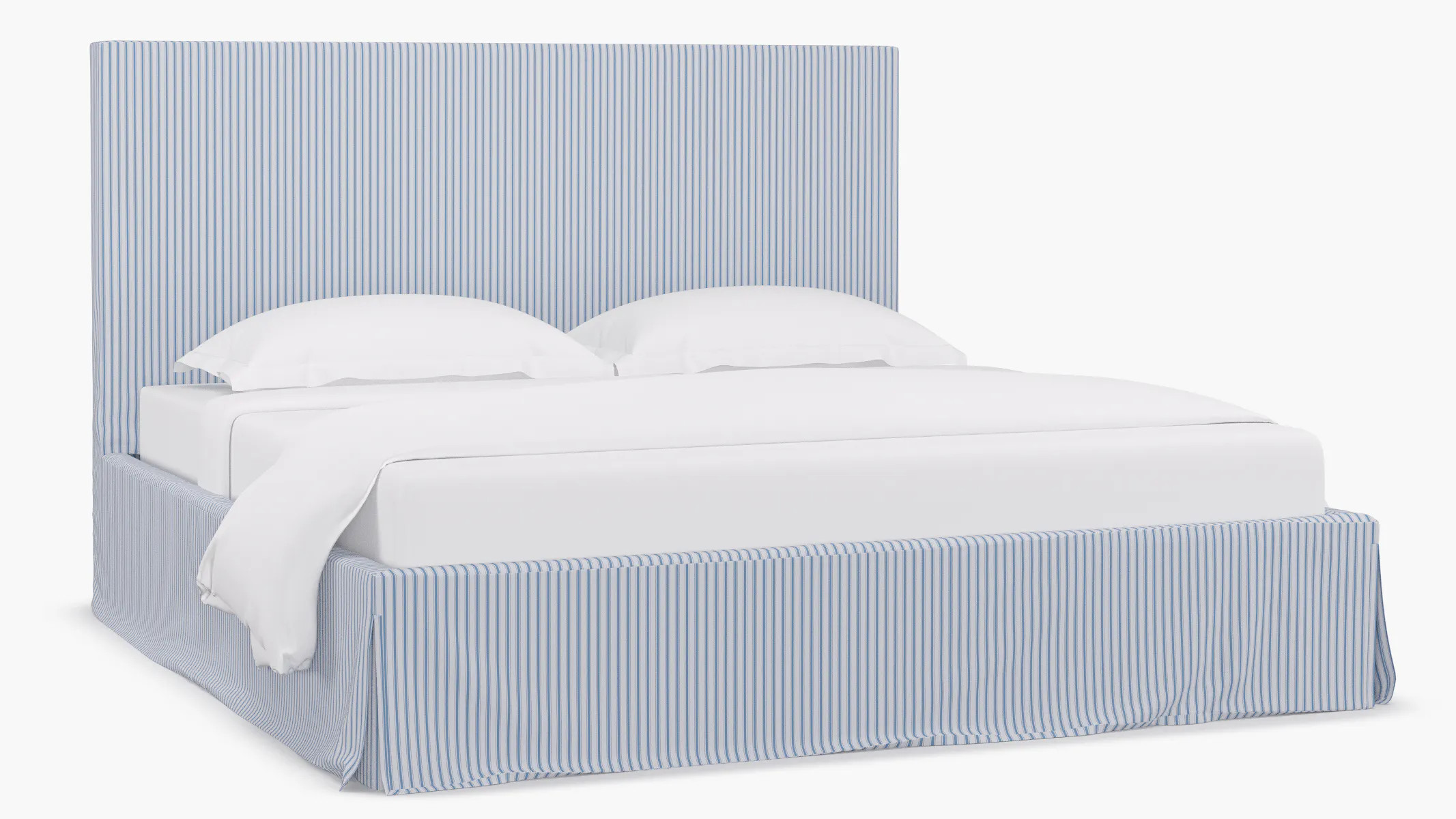 Cornflower Classic Ticking Stripe Upholstered Custom Slipcovered Bed | King | The Inside Furniture | The Inside