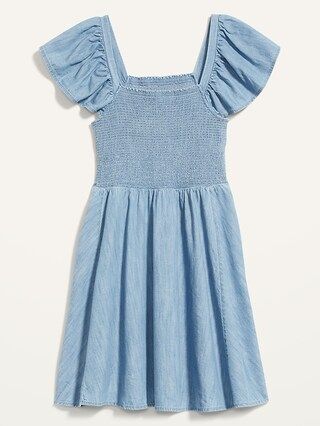 Flutter-Sleeve Fit &#x26; Flare Smocked Chambray Mini Dress for Women | Old Navy (US)