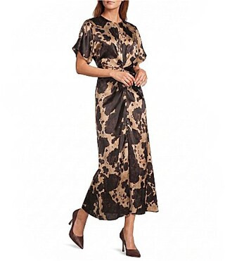 Antonio Melani Gabriella Satin Ruched Jewel Neck Short Sleeve Flounce Midi Dress -  6 | Dillard's