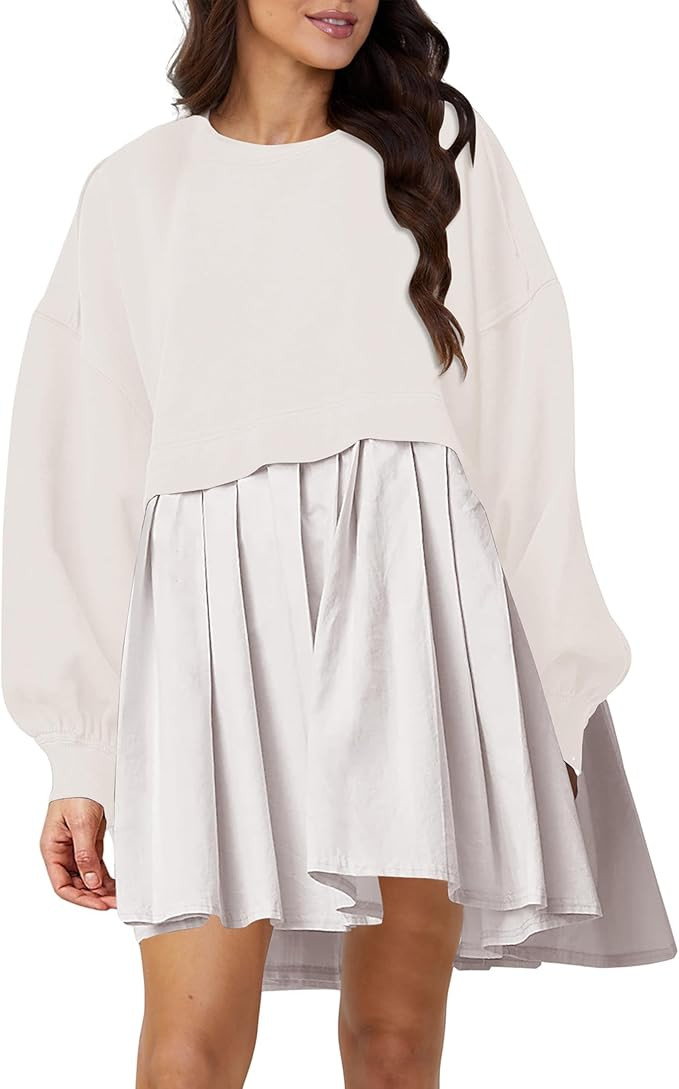 Meladyan Women Oversized Patchwork Mini Sweatshirt Dress Color Block Long Sleeve Crewneck Loose P... | Amazon (US)