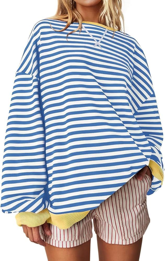 UEU Women Oversized Striped Crewneck Sweatshirt Long Sleeve Color Block Pullover Tops Casual Loos... | Amazon (US)