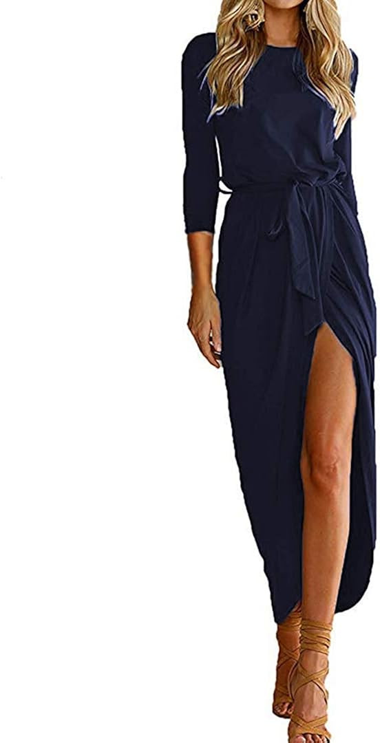 Qearal Women Fall Short/3/4 Sleeve Belted Dress Elastic Waist Slit Long Maxi Dress | Amazon (US)