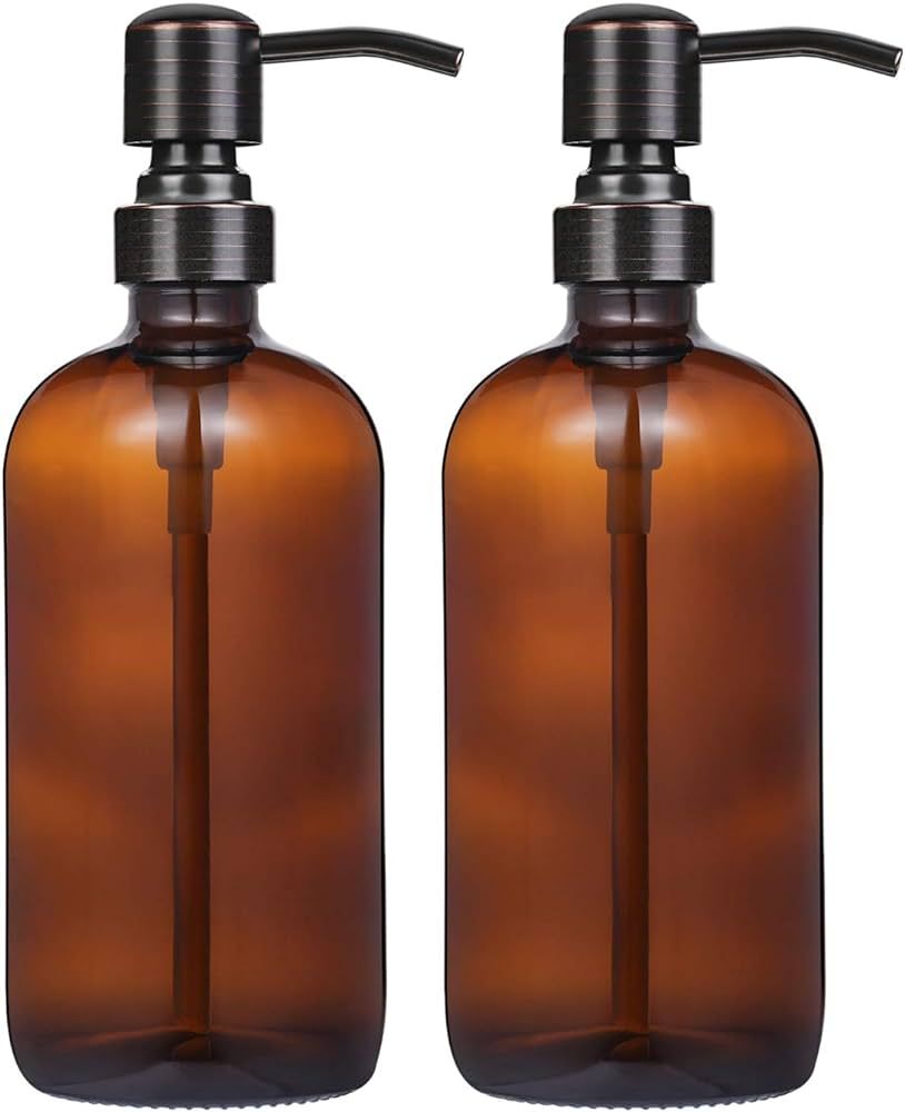 2 Pack 16 Ounce Boston Round Glass Bottles Soap Dispenser with Oil Rubbed Bronze Stainless Steel ... | Amazon (US)