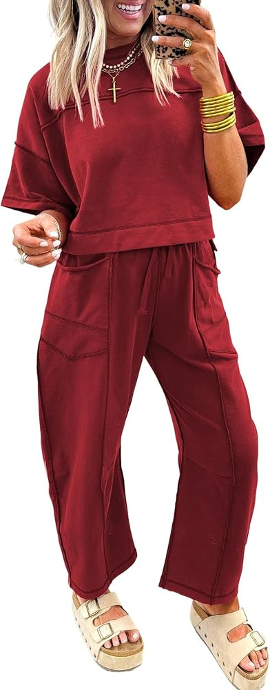 Ecosunny Womens 2 Piece Lounge Sets Matching Sets Drop Shoulder Boxy Tee and Barrel Pants Set Swe... | Amazon (US)
