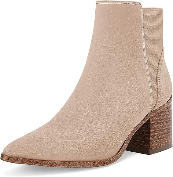 Coutgo Womens Pointed Toe Ankle Boots Elastic Chunky Block Stacked Mid Heel Slip On Chelsea Booti... | Amazon (US)