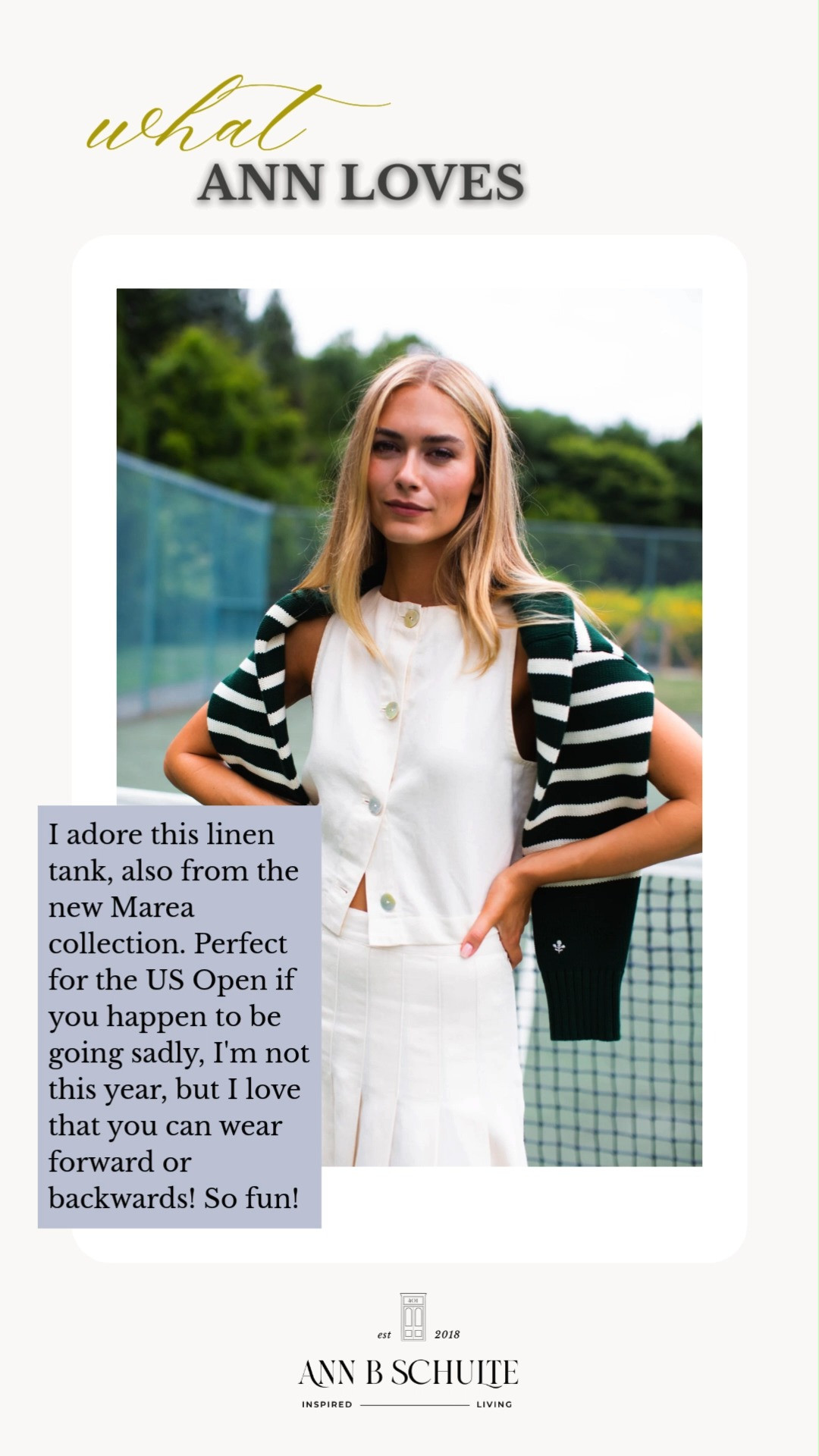 This linen tank is one of those effortless pieces that somehow makes every outfit feel a little more polished. I love the clean, classic shape paired with a tennis-inspired striped sweater for that sporty-meets-chic look. Perfect for warm days, US Open style, and all the outfits where you want to look put together without trying too hard. 🎾🤍✨

#LinenTank #LinenTop #SummerStyle #SummerOutfit #TennisStyle #TennisFashion #USOpenStyle #ClassicStyle #CasualChic 

 #LTKootd