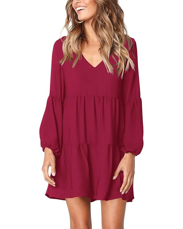 Amoretu Women Summer Tunic Dress V Neck Casual Loose Flowy Swing Shift Dress | Amazon (US)