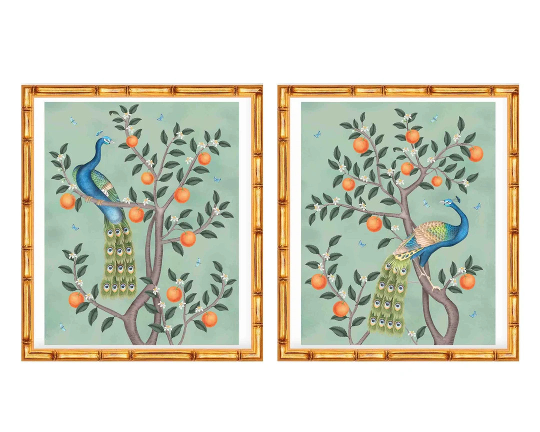 Set of Two Art Prints Chinoiserie Peacocks and Oranges// - Etsy | Etsy (US)