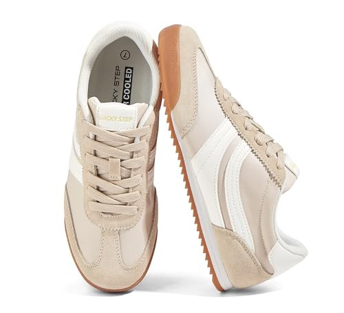 LUCKY STEP Women's Thin Retro Slim Tennis Sneakers,Beige,8 | Amazon (US)
