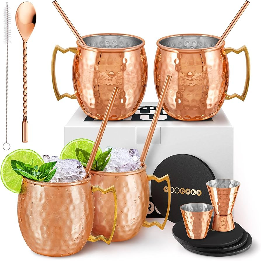 Gift Set Moscow Mule Mugs Set of 4 16 oz Copper Plated Stainless Steel 4 Straws 4 Coasters Jigger... | Amazon (US)