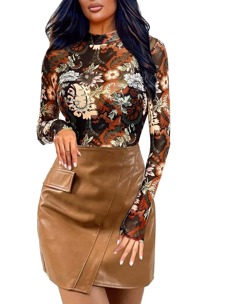 Floral Mesh Long Sleeve Tops for Women Mock Neck See Through Fitted Sexy Going Out Top | Amazon (US)