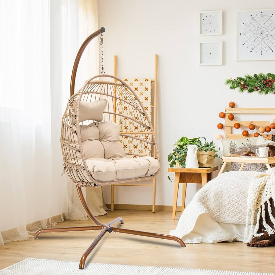 NICESOUL Cozy Hanging Egg Chair with Stand Indoor Outdoor, Wicker Patio Basket Swing Chair with C... | Amazon (US)
