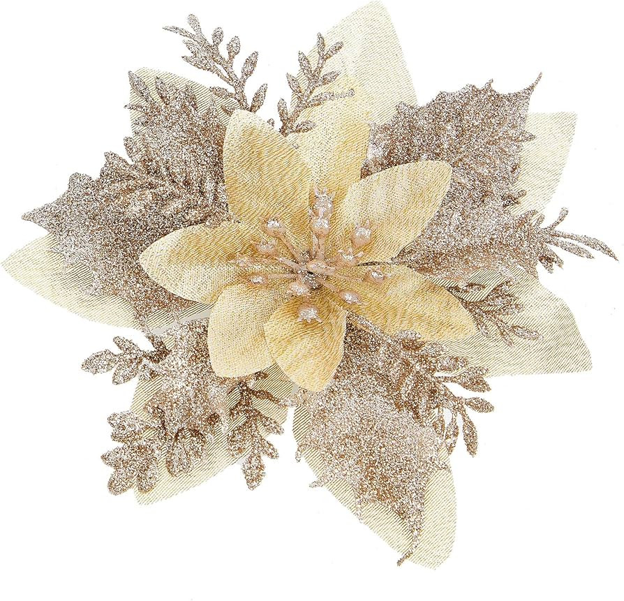 15 Pcs Glitter Poinsettia Artificial Christmas Flowers, Ornaments and Decor with Stems and Clips,... | Amazon (US)