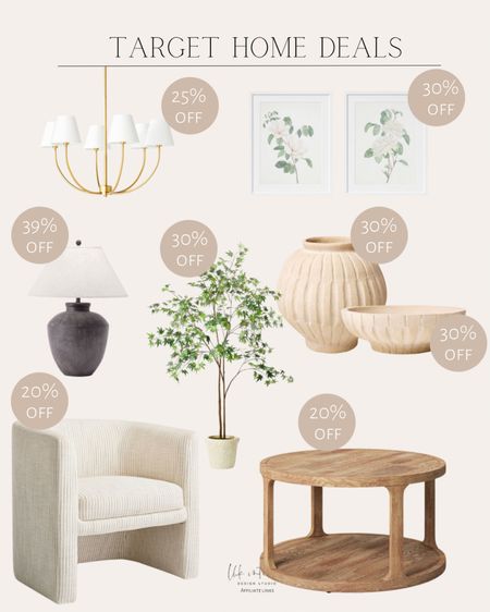 Target Home Deals 
6-light ceiling chandelier / Vernon upholstered accent chair / tall carved ceramic vase / carved ceramic bowl / coffee table / faux tree / table lamp / wall art 

#LTKHome #LTKSaleAlert