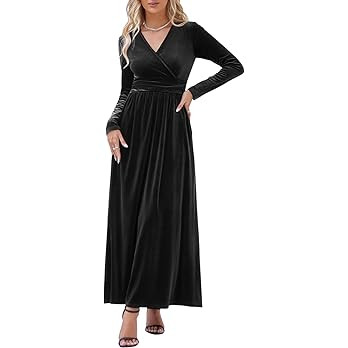 OUGES Women's Long/Short Sleeve V-Neck Wrap Waist Maxi Dress | Amazon (US)
