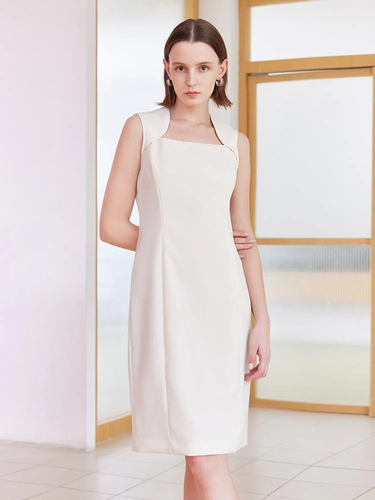 White Slim Midi Tailored Wool Dress - Off White / S | GOELIA