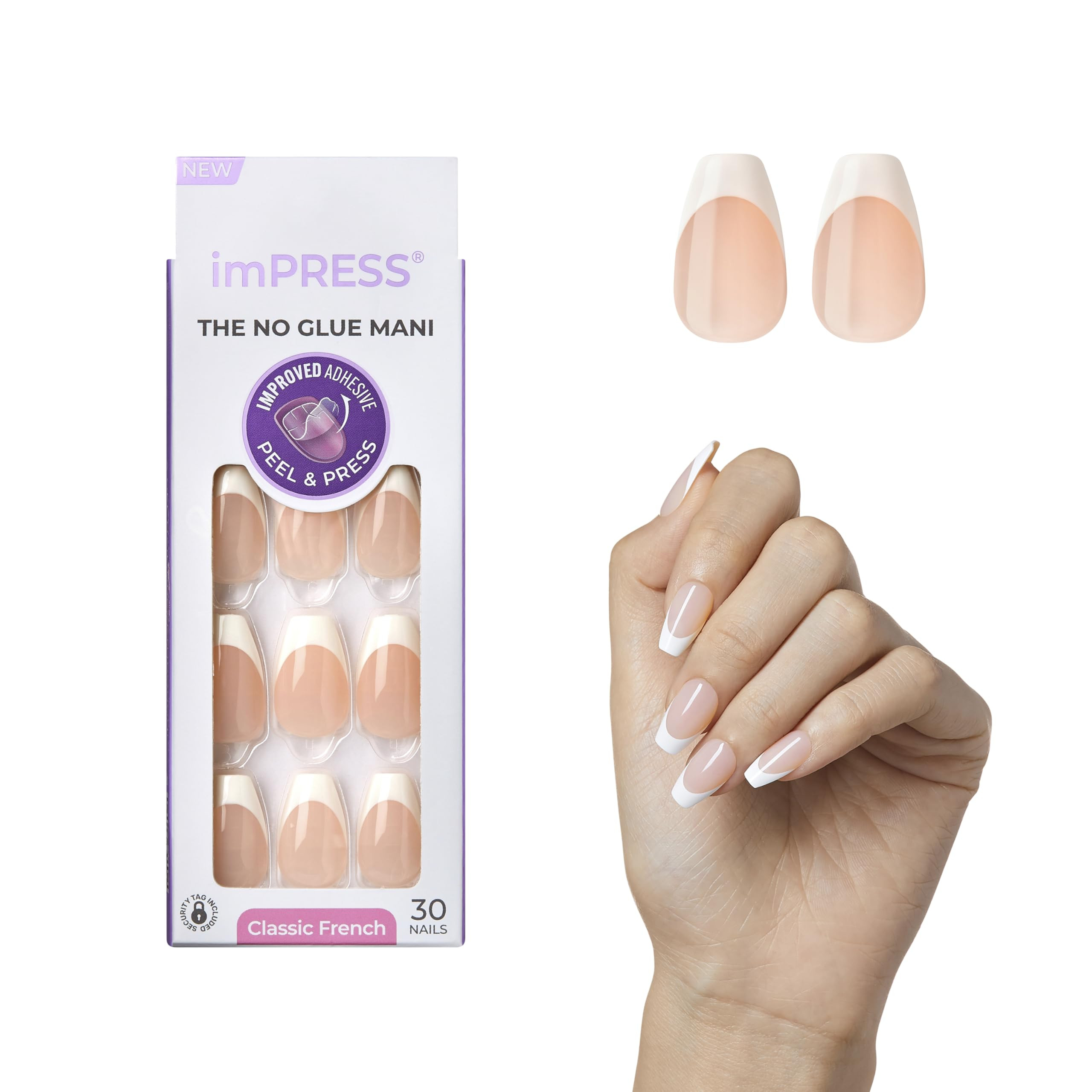 KISS imPRESS No Glue Mani Press-On Nails, French, 'Ideal', Light Neutral + White Tip French, Medi... | Amazon (US)