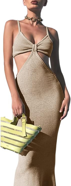 Womens Sexy V-Neck Maxi Knotted Dress, Cutouts Sleeveless Long Dress Summer Outfits | Amazon (US)