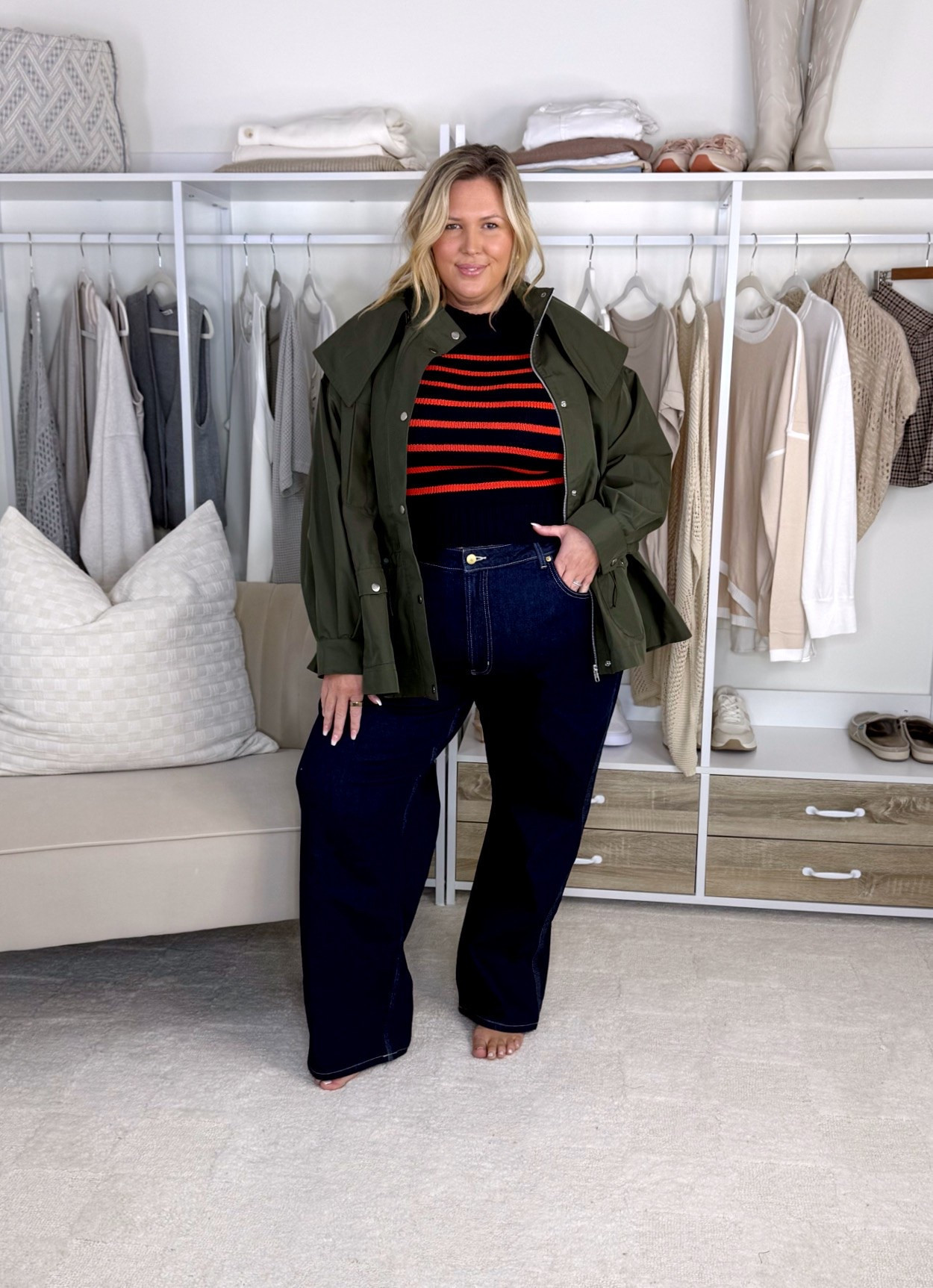 NYM Walmart haul! First dress is a 2X but runs generous. The first jeans are a 20 and don’t fit and the second pair are a 18 and don’t fit. The green dress is a 2X. The denim dress is a 2X and runs generous. Skirt is a 2X and white button up is a 2X. Striped sweater is an XL and is fitted. Green jacket is a 2X and runs generous. The green sweater is a 2X. Red blouse is a 2X. Plus size, outfit inspo, fall fashion, apron belly