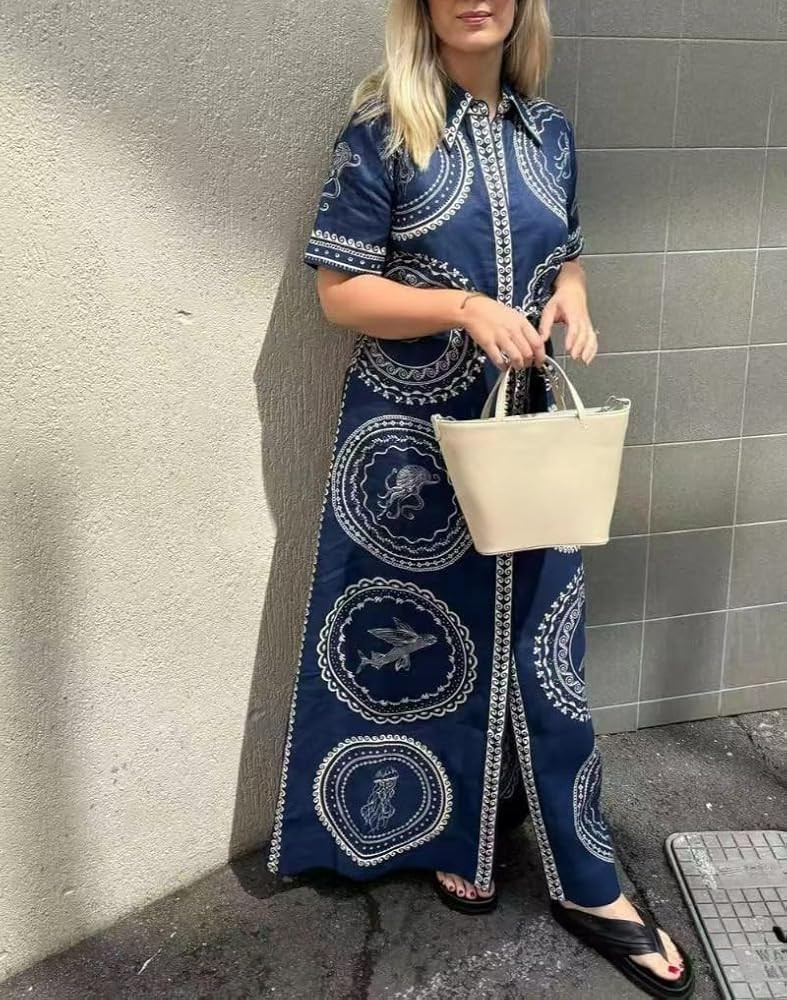Dresses Casual\uff0cDresses Summer\uff0cPrinted Cardigan Casual Fashionable Linen Dress | Amazon (US)