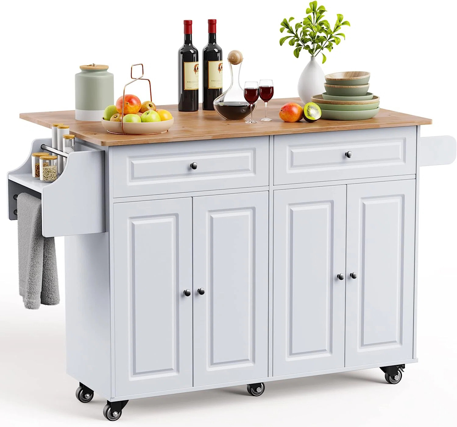 Expandable Solid Wood Kitchen Cart with Drop Leaf, Drawers, Cabinets, Spice Rack, Towel Bar, and ... | Wayfair North America