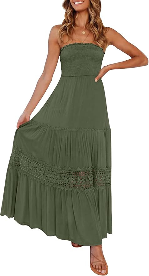 ZESICA Women's 2024 Summer Bohemian Strapless Off Shoulder Lace Trim Backless Flowy A Line Beach ... | Amazon (US)