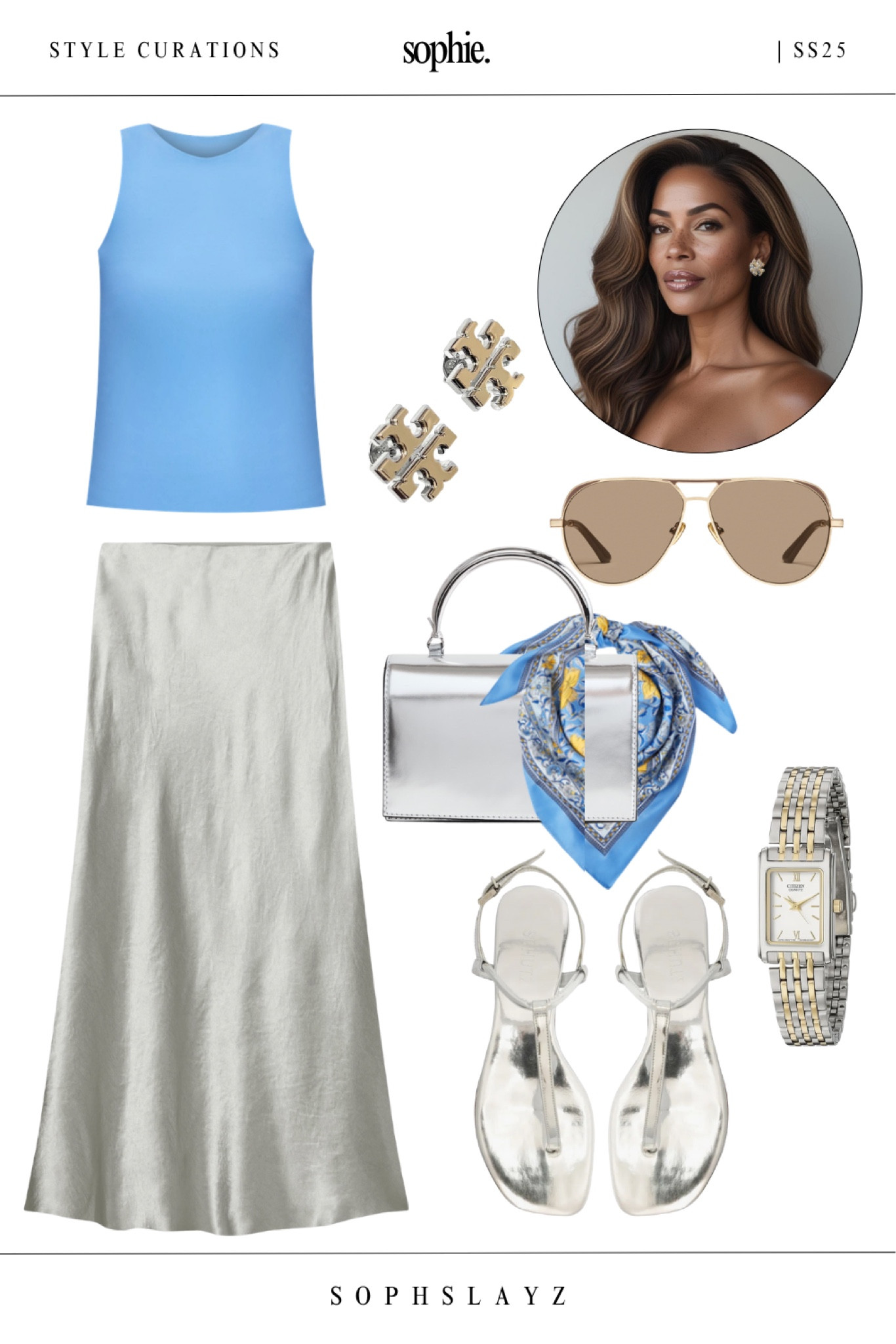This polished outfit from my SS25 summer capsule wardrobe features a sleeveless blue tank top, silver satin maxi skirt, and flat metallic sandals—styled with a structured silver mini bag, blue printed scarf, and two-tone watch.
Perfect for: museum days, lunch dates, or upscale resort strolls. Full SS25 Capsule wardrobe linked on my profile !

#LTKOver40 #LTKStyleTip #LTKShoeCrush