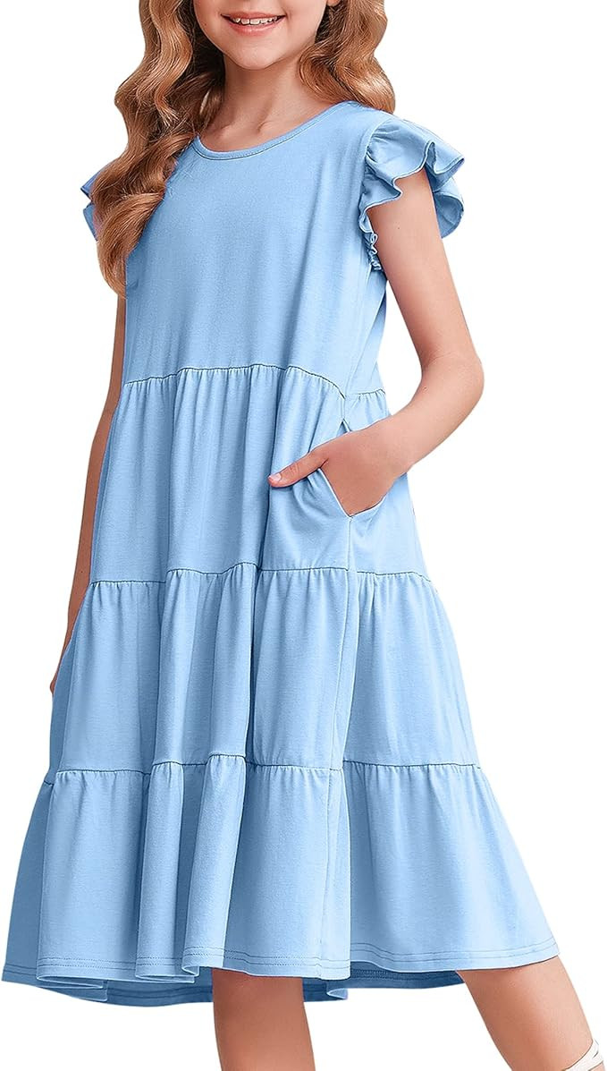 Arshiner Girl's Summer Dresses Ruffle Sleeve Tiered Swing Midi Casual Sundress with Pockets | Amazon (US)