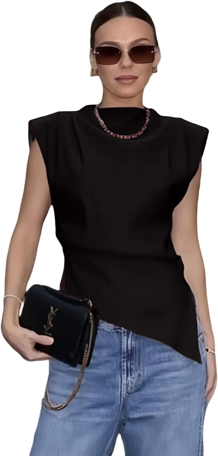 Suillty Women's Ruched Cap Sleeve Shoulder Pad Tank Tops Asymmetrical Hem Zipper Summer Casual Basic Tee Shirt Blouses | Amazon (US)