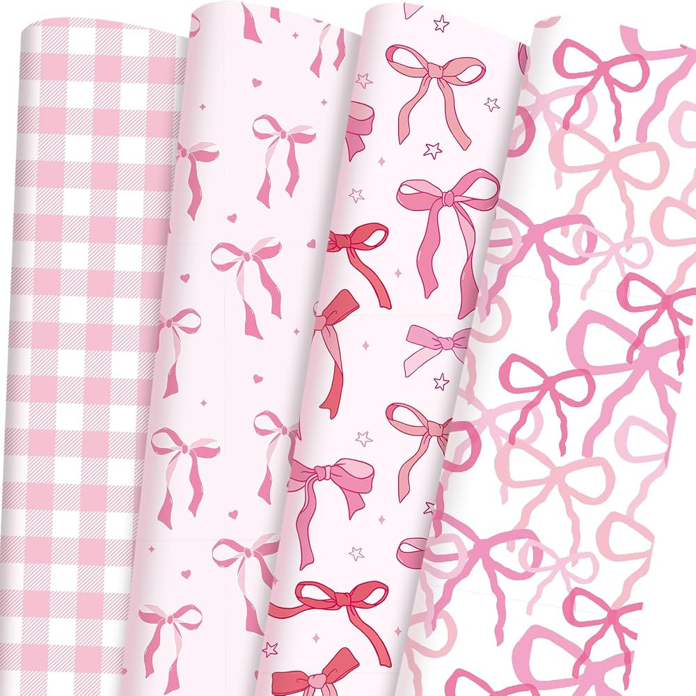 Pink Conquette Bow Wrapping Paper - 12 Sheets Coquette Pretty Bows Christmas Wrap Paper Pink Whit... | Amazon (US)