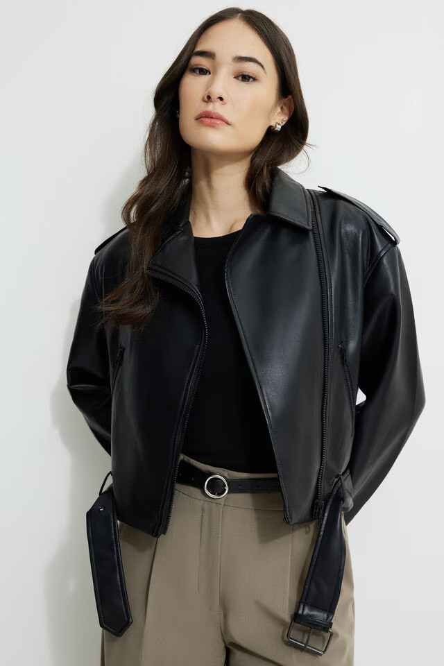 Belted Faux Leather Biker Jacket | Dynamite Clothing