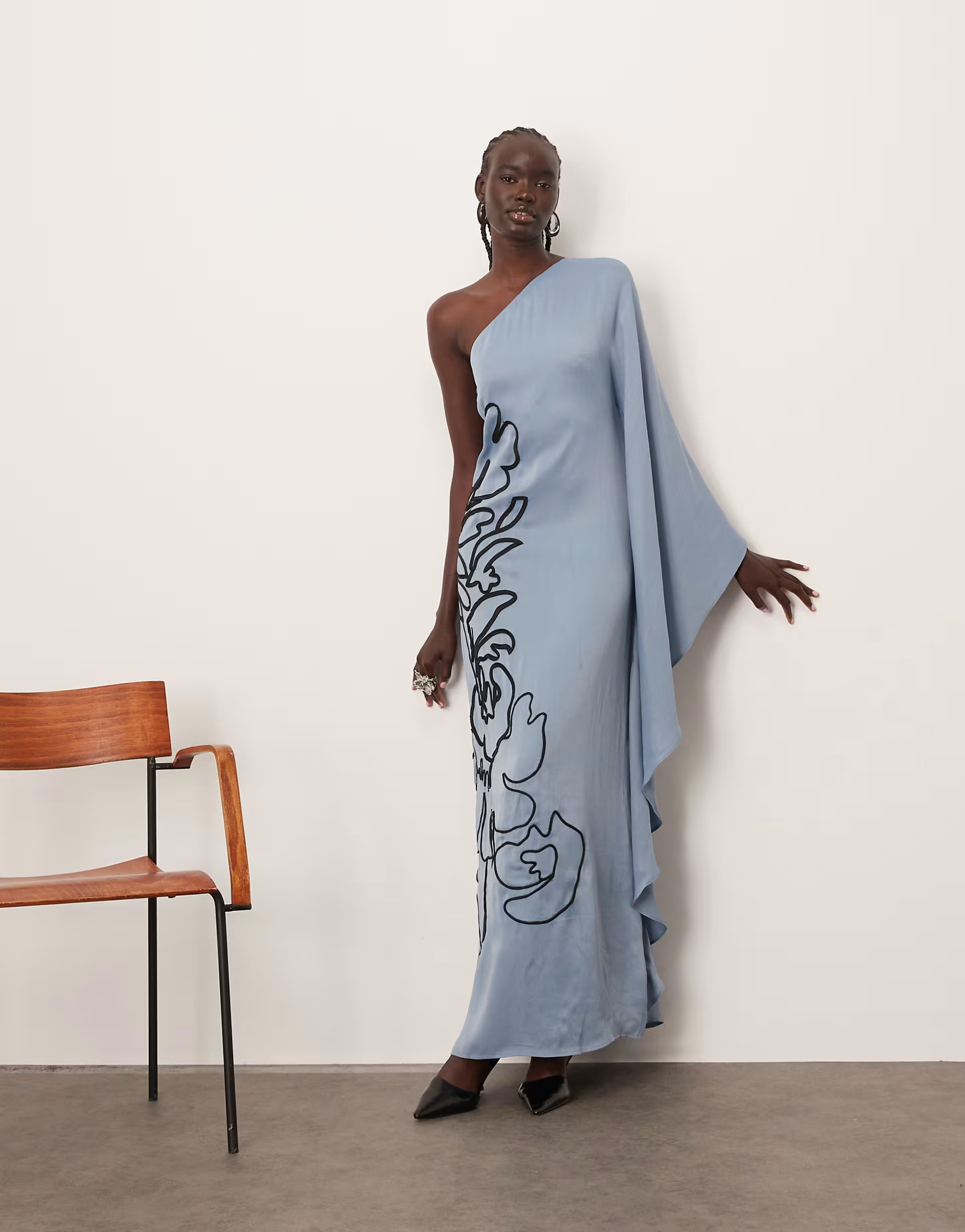 ARRANGE contrast embroidered floral one shoulder maxi dress in blue | ASOS (Global)