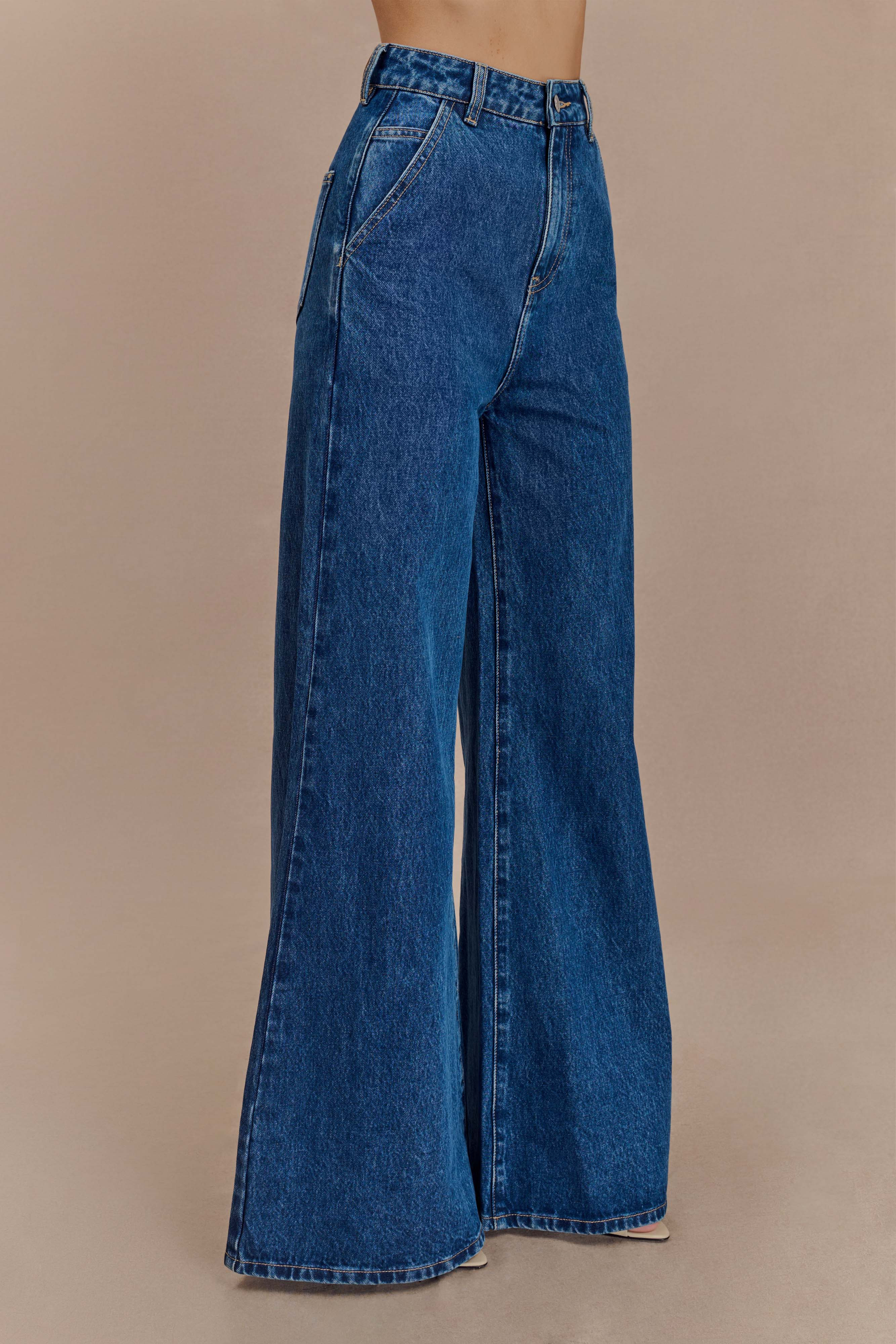 Jen Wide Leg Flare Denim Jeans - Dark Blue | MESHKI US