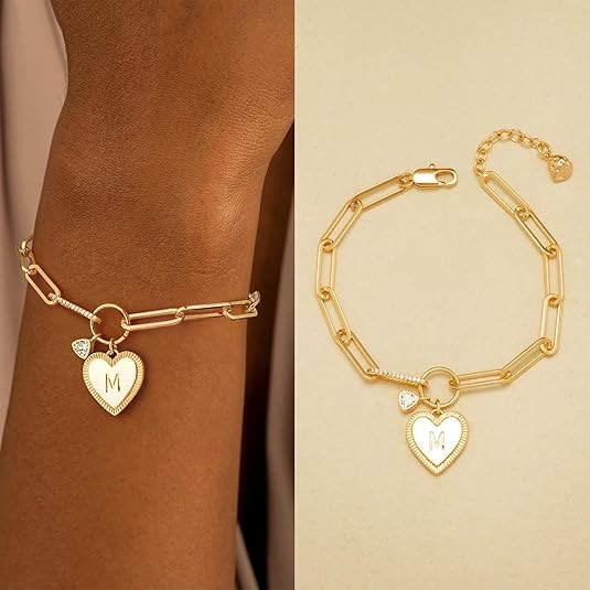 Women 14K Gold Initial Heart Charm Letter Link Bracelet Simple Trendy Jewelry | Amazon (US)