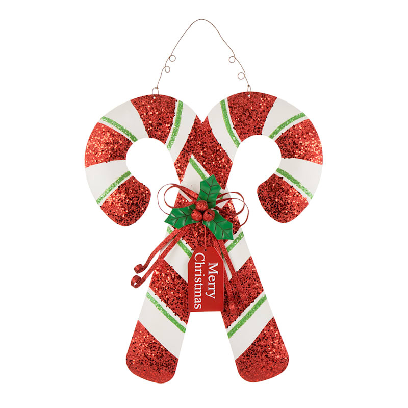 Classic Christmas Glittered Metal Candy Cane Wall Decor, 19" | At Home