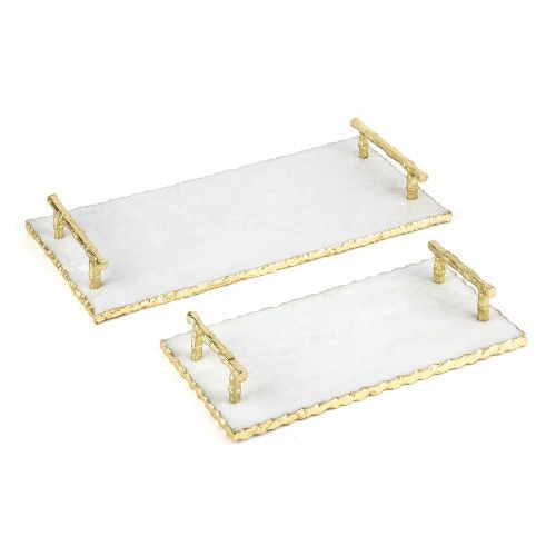 Two's Company Set of Two Marble Trays with Golden Edge and Bamboo Handles | Gracious Style
