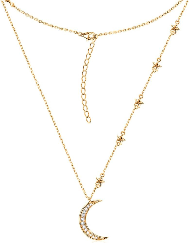 Savlano 14K Gold Plated Cubic Zirconia Round Cut Moon & Stars 18 Inches Pendant Chain Necklace Fo... | Amazon (US)