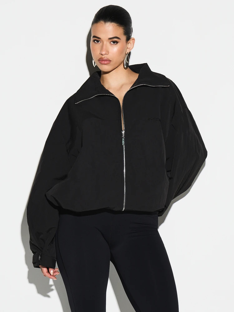 KIZN Oversized Zip Through Technical Bomber Jacket With Stand Collar Long Sleeves Cropped Length ... | SHEIN