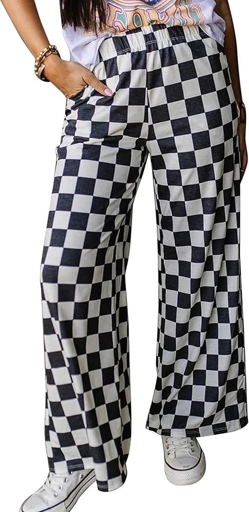 Womens Wide Leg Checkered Pants High Waist Elastic Casual Loose Fit Straight Leg Gingham Streetwe... | Amazon (US)