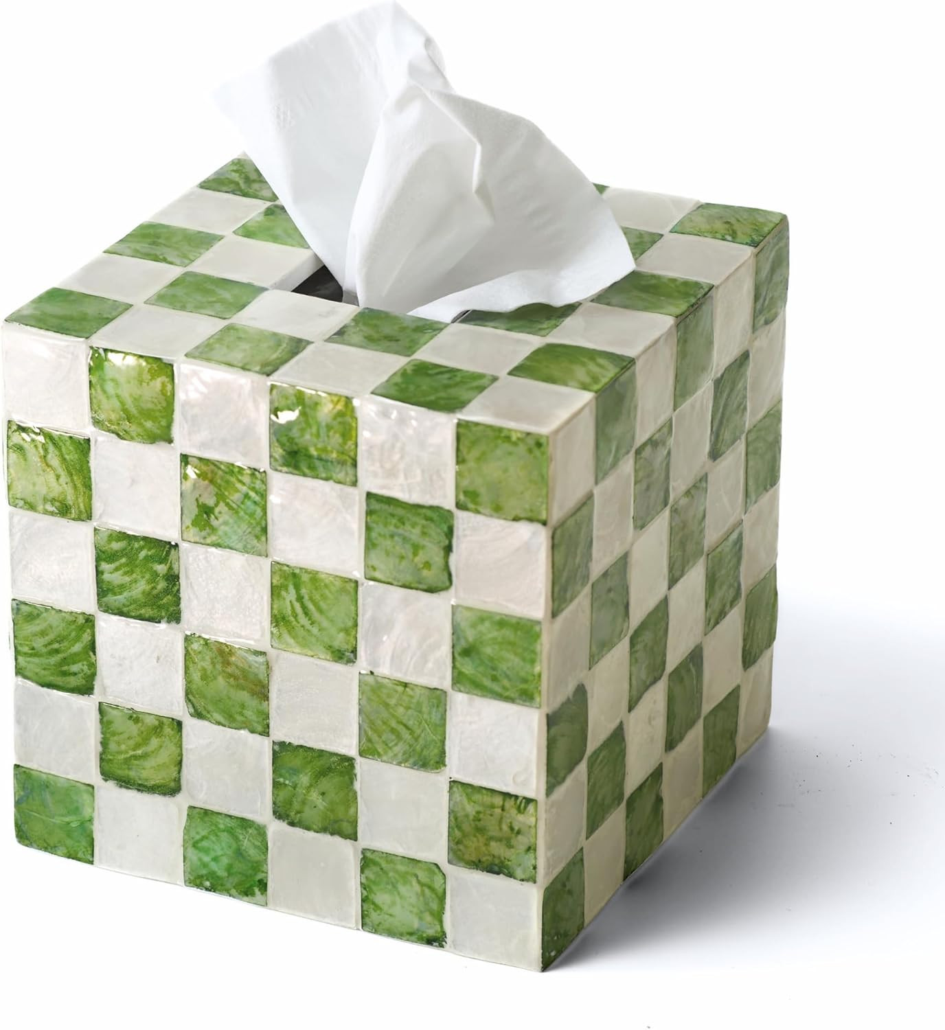 5.7" Square Tissue Box Cover, Handmade Checkered Cube Tissue Box Cover with Capiz Shells, Decorat... | Amazon (US)