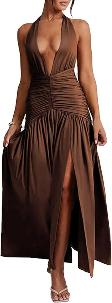 Ekaliy Women's Sexy Halter Deep V Neck Maxi Dress Sleeveless Backless High Slit Ruched Long Dress... | Amazon (US)