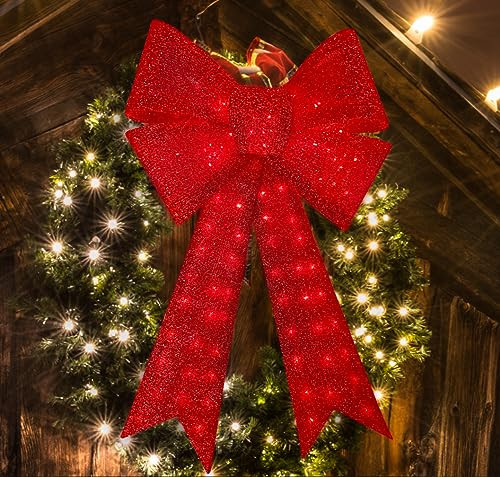 LAMPHOME Christmas Glitter Red Bow，Lighted Large Christmas Bows Wreath Decoration,Christmas Tree Topper Decorative Bow for Indoor Outdoor Christmas Parties Decorations (40IN 99LED) | Amazon (US)