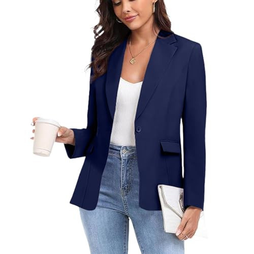 Rescay Women's Navy Blue Work Blazer, Large, Slim Fit, Classic Style, Long Sleeve, Button Closure, Lightweight, Polyester Rayon Spandex Blend, Perfect for Office, Business, Casual Wear | Amazon (US)