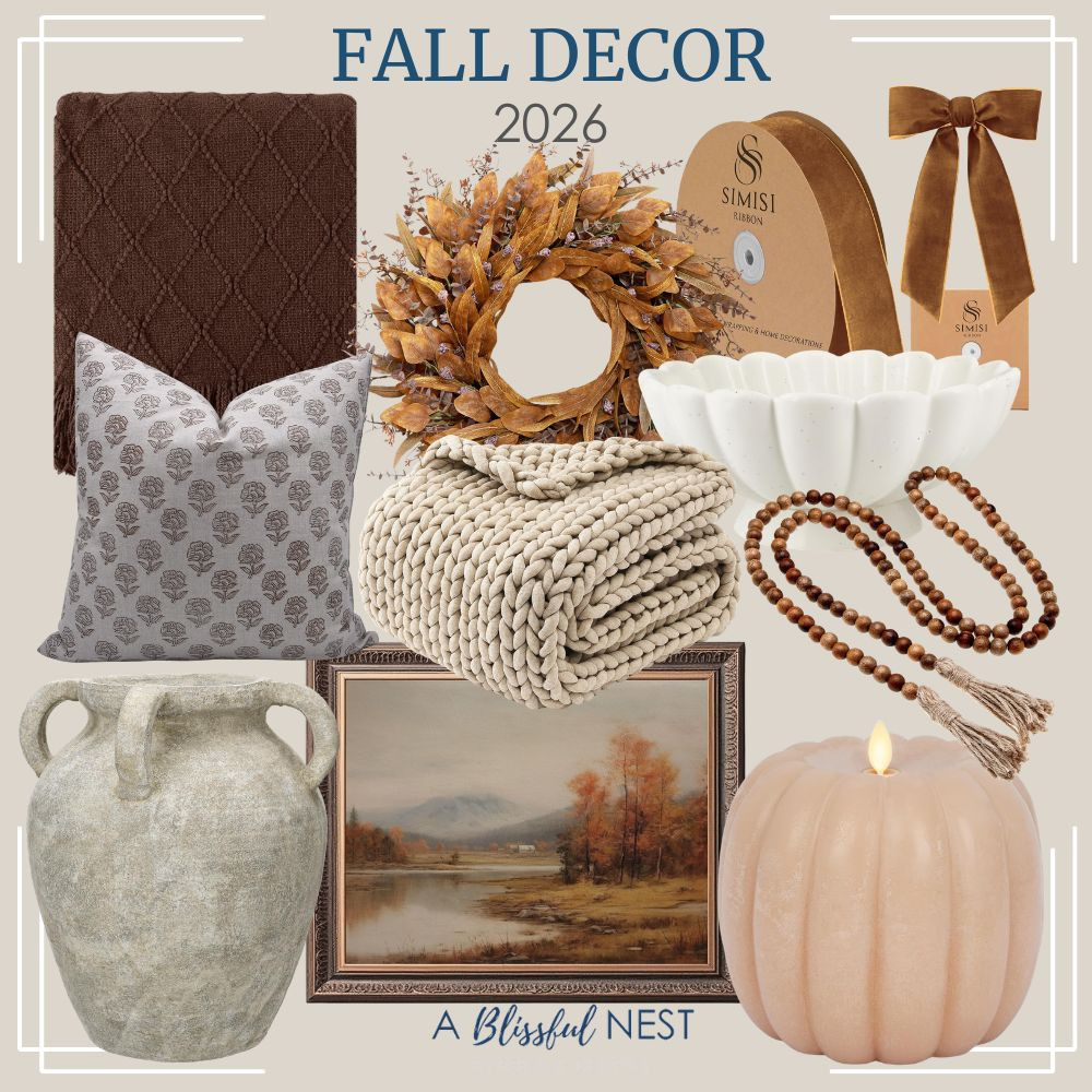 Warm up your space with these effortless fall decorating picks. Shop now.

Diamond quilted throw blanket, floral block print throw pillow, fall leaf wreath, brown velvet ribbon, scalloped ceramic bowl, wood bead garland, chunky knit throw blanket, framed landscape art, flameless pumpkin candle, and ceramic urn vase. 

 #LTKSeasonal #LTKHome